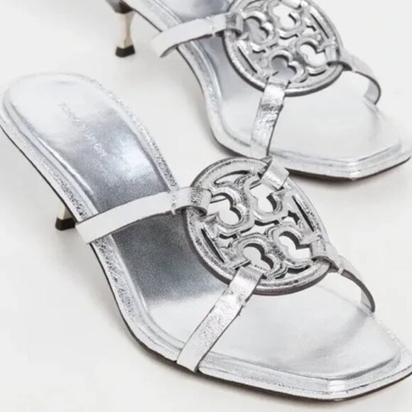 NEW TORY BURCH Leather Geo Bombe Miller Low Heel Sandals Silver for women 1969mn - Picture 1 of 9